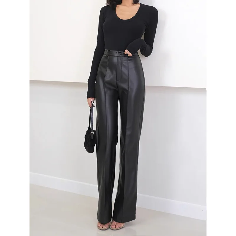 2023 Spring Autumn Chic OL Leather Straight-pant Fashion Women's Sheepskin Genuine-leather Pants C321