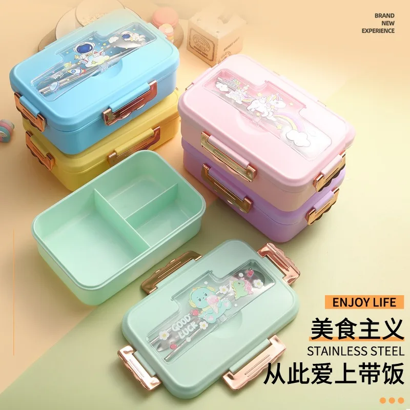 Bento Lunch Box for Kids Girls Cartoon Students Kawaii Cute Dinosaur Heated 3 Grid Sandwich Snack Food Special Canteen