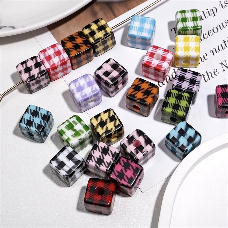 Wholesale 50pcs/lot 16mm color lattice pattern print geometry square shape resin straight hole beads diy jewelry accessory
