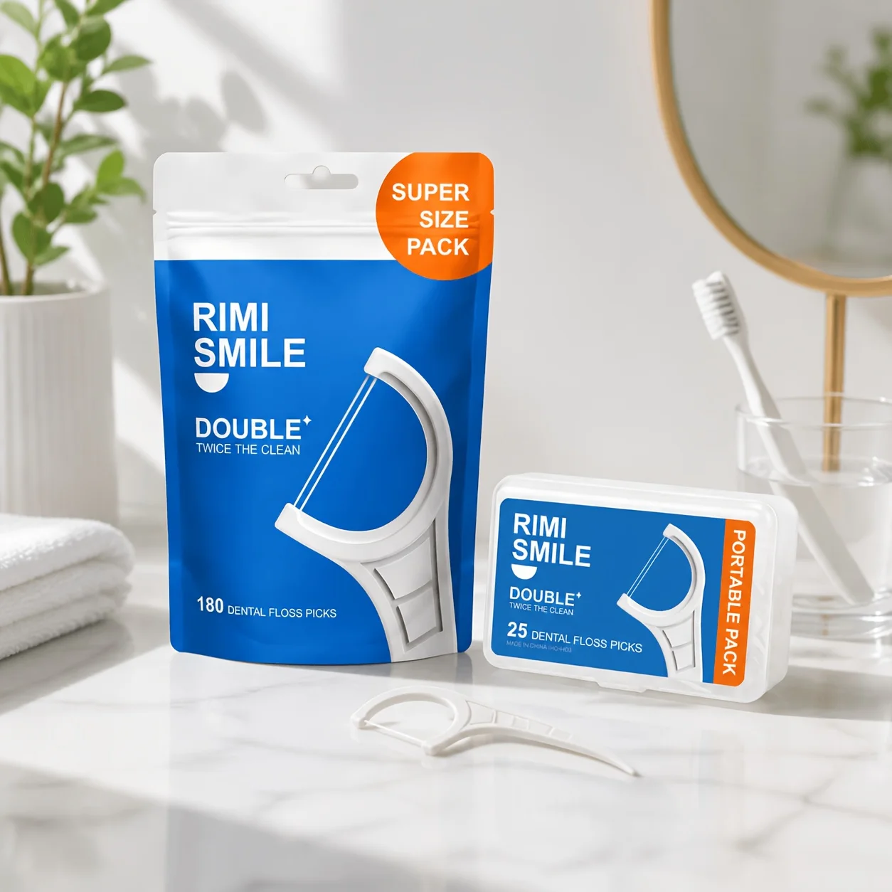 RIMI SMILE 25PCS Double Line Dental Floss Picks, 2-in-1 Dual Floss & Foldable Toothpick, Deep Clean Interdental for Travel Famil