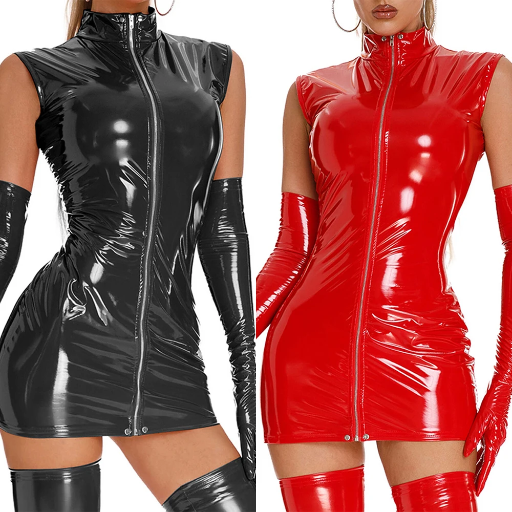 Clubwear Womens Clubwear Women\\\\\\\'s PVC Wet Look Leather Sleeveless Zip Bodycon Dress Perfect for Night Activities