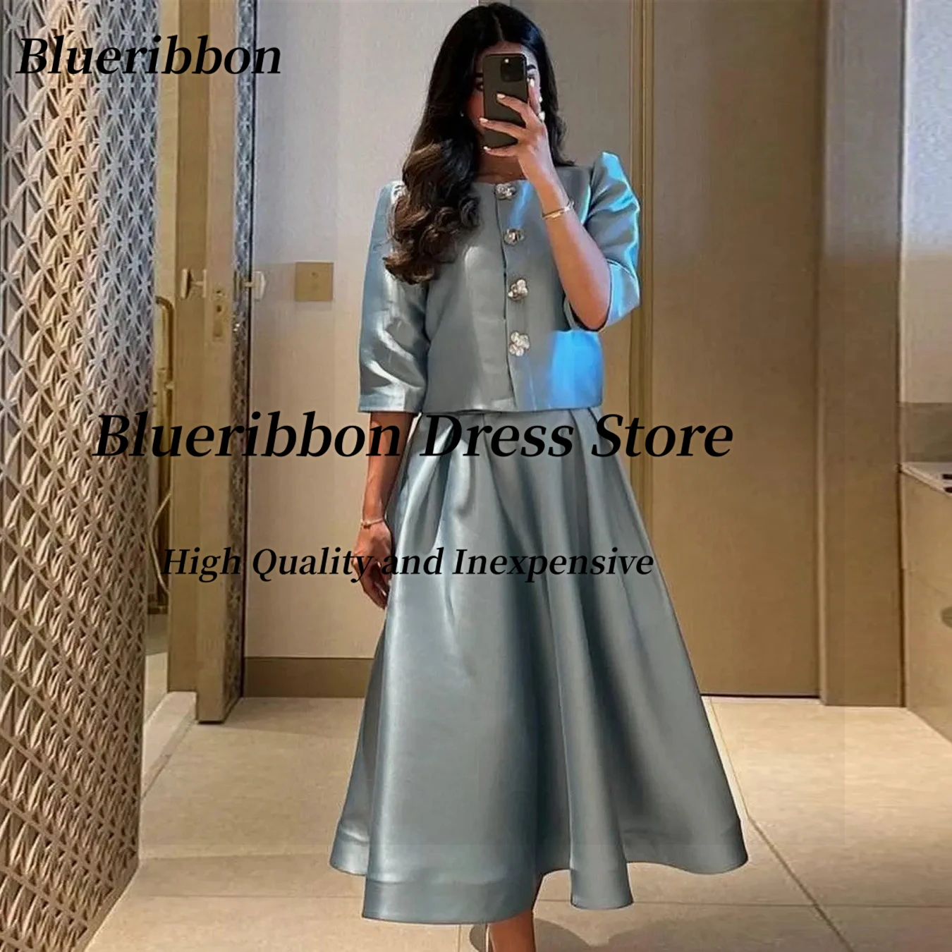 

Специальное платье Blueribbon по индивидуальному заказу для выпускного вечера, вечерние платья из двух частей с короткими рукавами, атласные платья трапециевидной формы для дня рождения