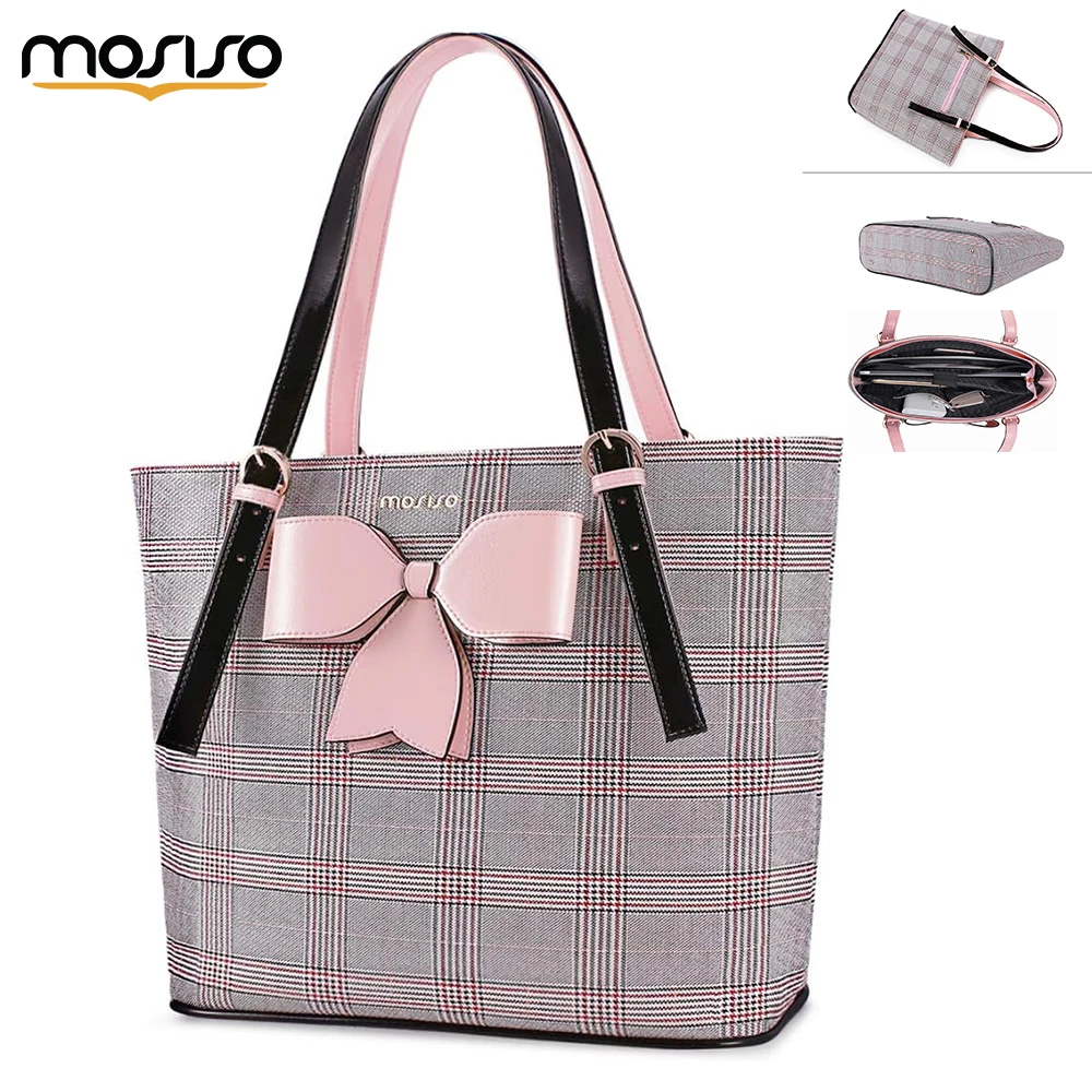 MOSISO Laptop Bag for Women for MacBook 15 inch 16 inch PU Leather Large Capacity Travel Briefcase with Bowknot Grid Fashion