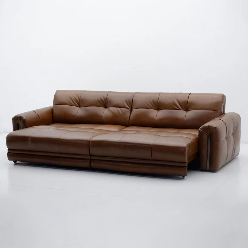 #Luxury Square One-Seater Remote Control Extending Sofa Genuine Leather Electric Extendable Sofabed for Living Room