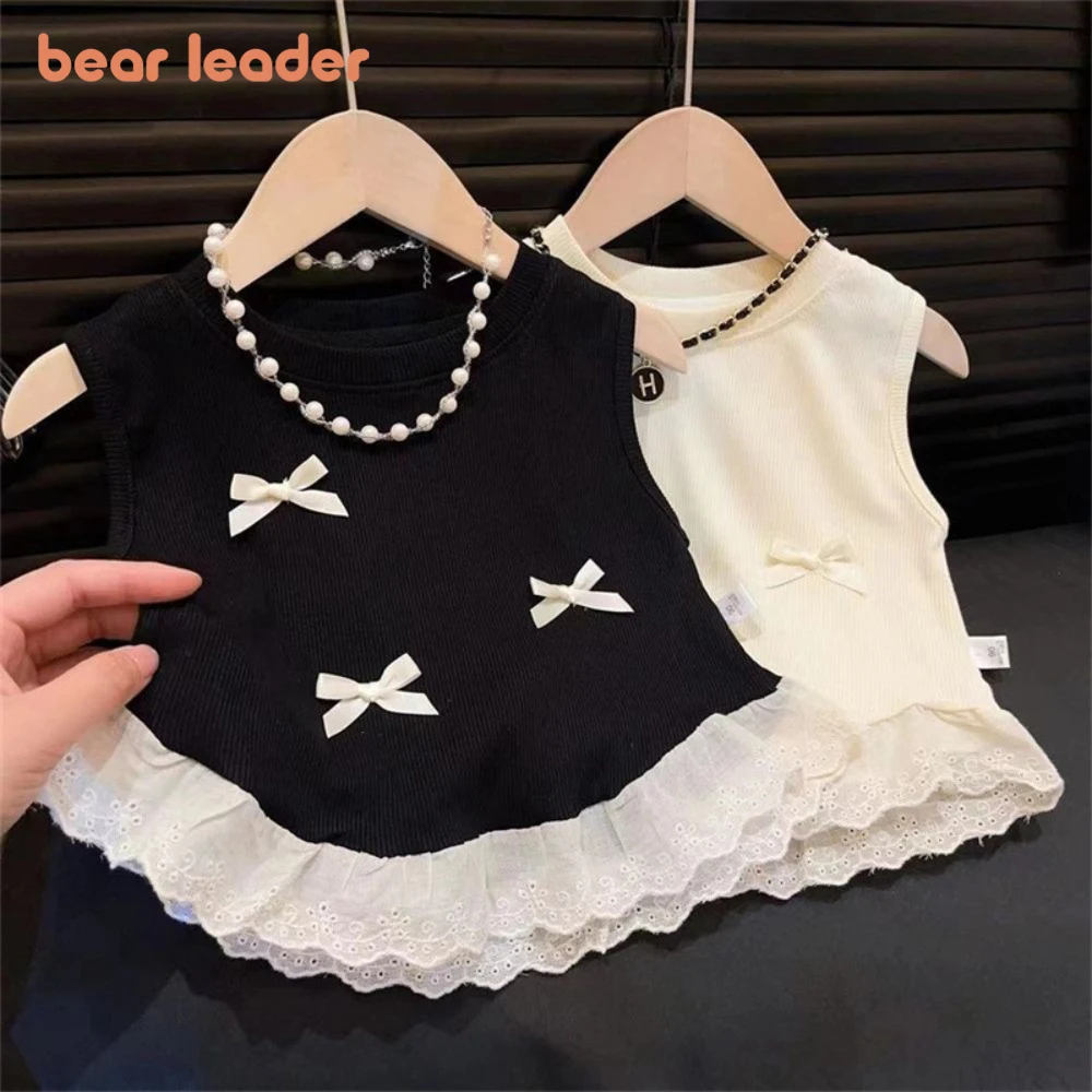 Bear Leader Summer Solid Color Baby Girl Top Bow Decoration Sleeveless Vest Lace Patchwork Children's Base Shirt 2-6 Year Old