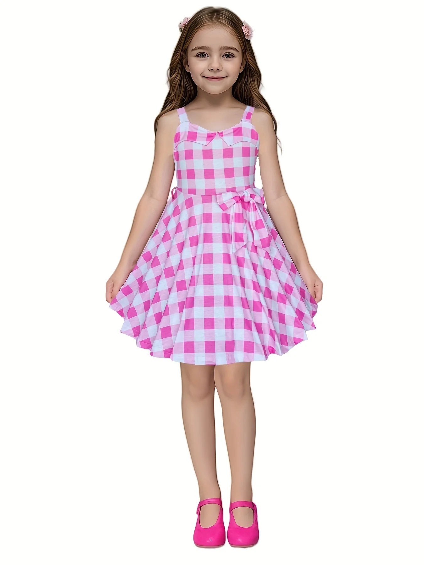 Valentine's Day Teenager Girls Pink Twirl Dress Plaid Cami Dress With Bow Checked Softest Wear For 3-14 Years