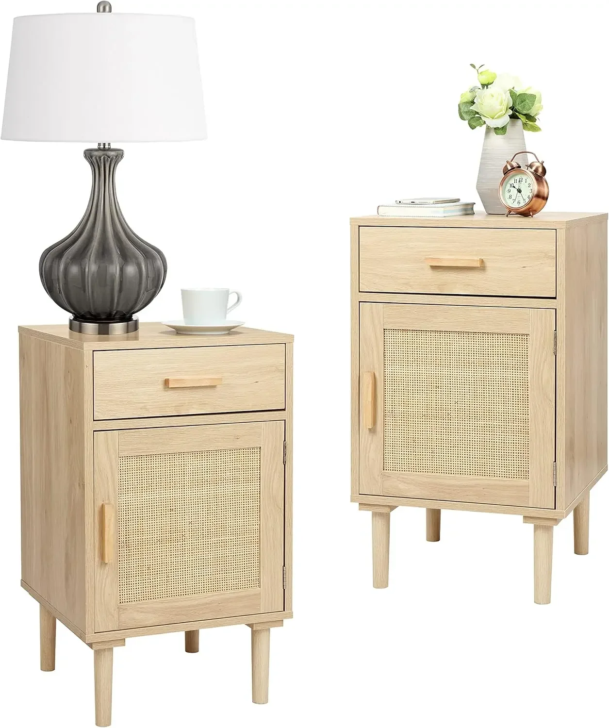 Tall Nightstands Set of 2, Night Stand, Bedside Table Set of 2 with Drawer and Shelf, Hand Made Rattan Decorated Doors, Nightsta