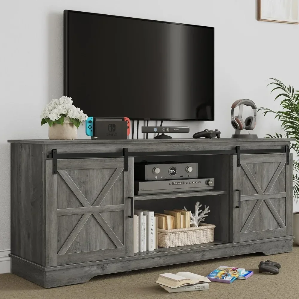 

Farmhouse TV Stand for 65/ 60/ 55 Inch TV, Rustic Modern Entertainment Center with Sliding Barn Door,Wood TV Cabinet,Rustic Gray