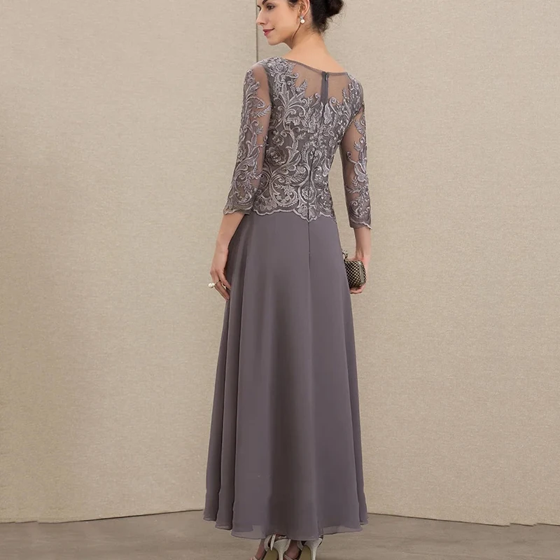 Robe de soirée grise pour femmes, avec décolleté bateau transparent, dentelle complexe brodée sur corsage, robe de bal, manches trois-quarts en dentelle