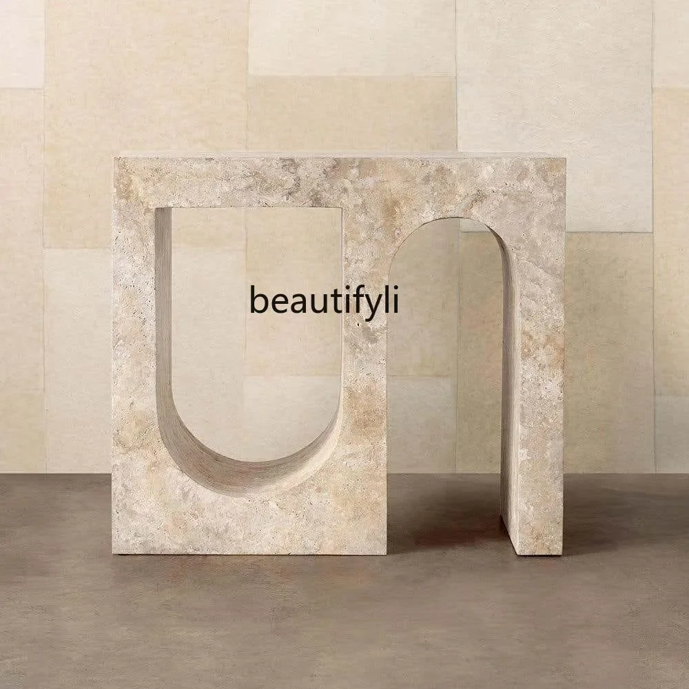 

1184Wabi Sand Wind Designer Yellow Travertine Marble Wall Entrance Table Arch Decoration Narrow Table