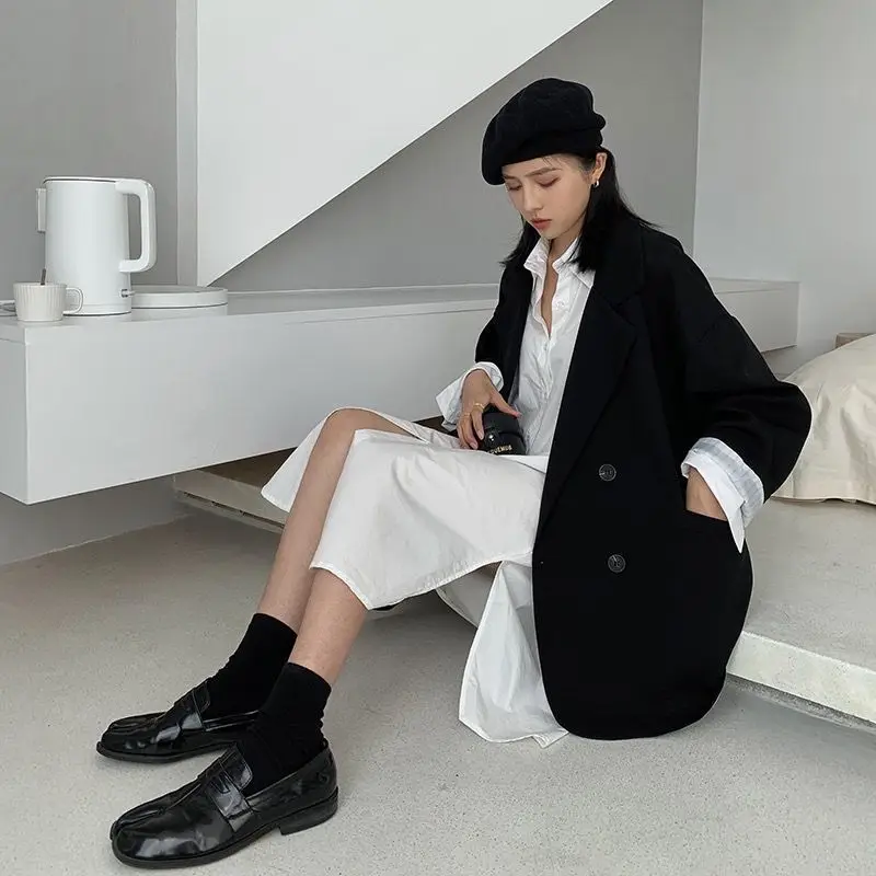 オーバーサイズブレザー女性長袖黒スーツストリート韓国シックなルーズジャケット春秋コートダブルブレストツイード新