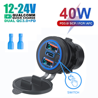 Triple USB Outlet Car Charger Socket PD USB Outlet Cigarette Lighter with Power Switch for Car Boat Marine RV 12-24V