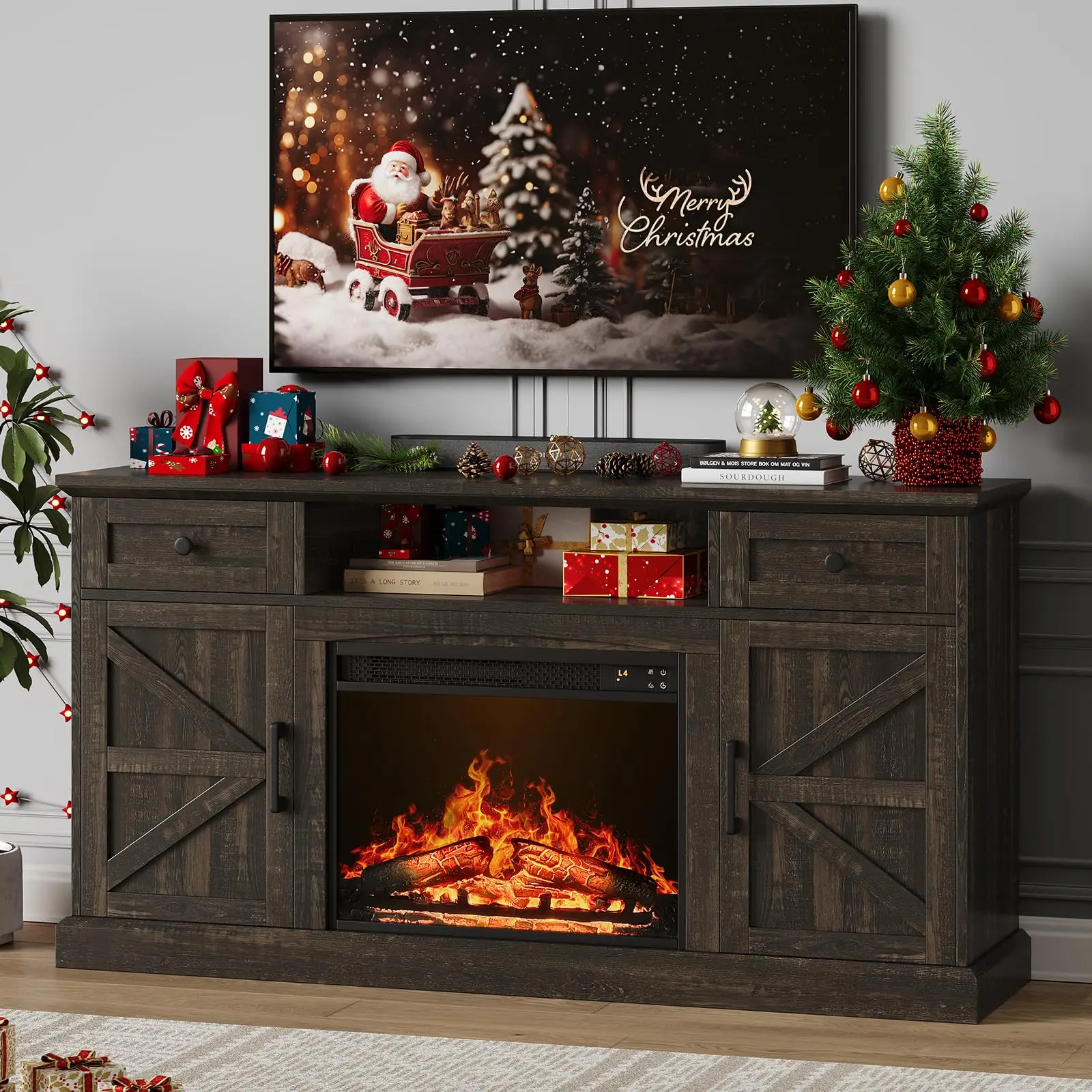 Brand Farmhouse Fireplace Entertainment Center for TVs Up to 70 Inches, Media Console Table with 23-Inch Electric Fireplace, Drawers and Storage
