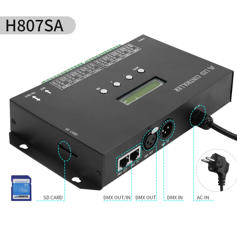 H807SA 8Ports H807SBWiFI 4Ports LED pixel controller Artnet To SPI supports Madrix software LAN synchrony SD card DMX512 console