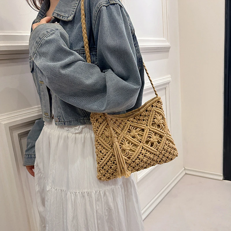 Mode Woven Aushöhlen Schulter Taschen Stroh Sommer Umhängetasche Strand Reise Handtasche Weiblichen Beutel Frauen Messenger Taschen 2024 – Detail 12