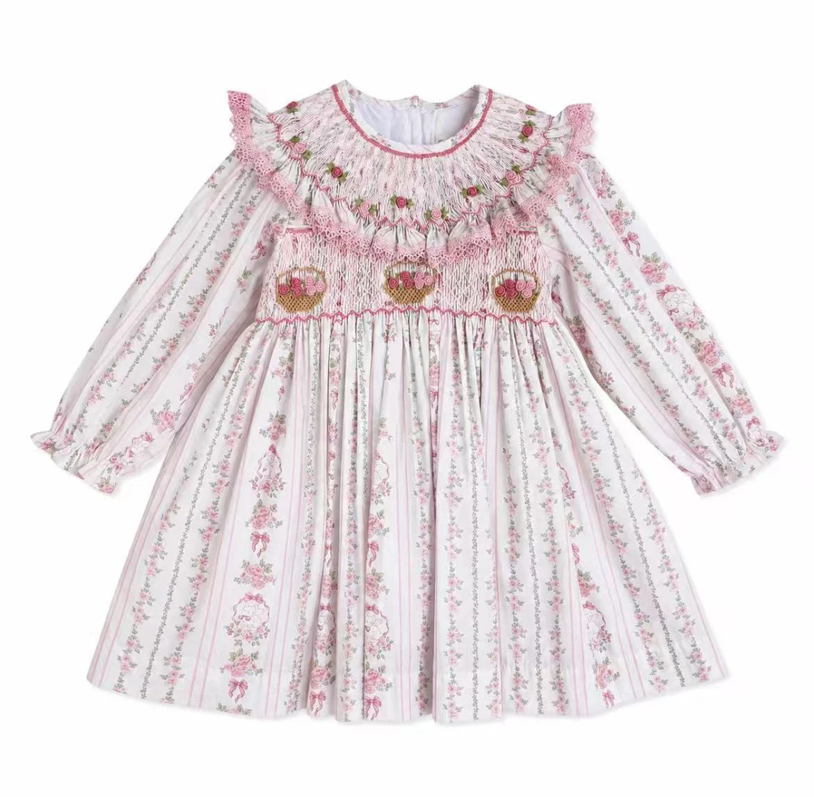 Baby Girl Long Sleeve Floral Hand Smocked Dress Romper Flower Basket Embroidery for Birthday Party Baptism Wedding A489