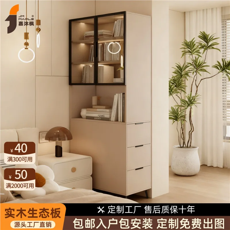Dust-proof bookcase with glass door display cabinet Living room display storage vertical cabinet Solid wood storage side