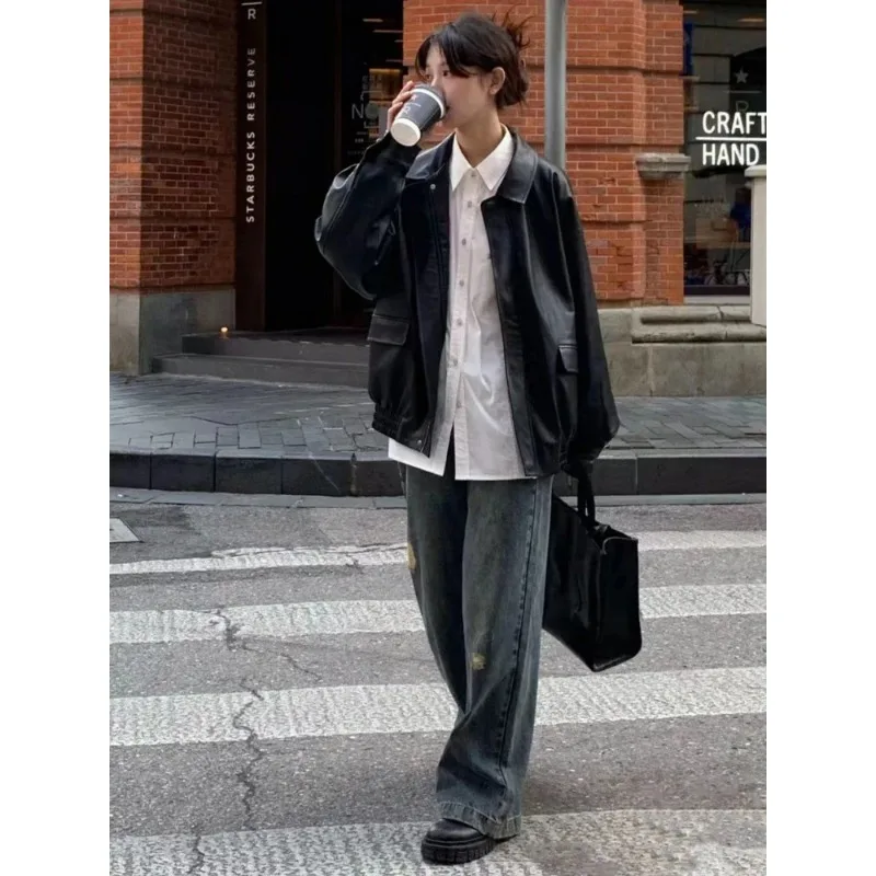 Vintage PU deri ceket kadınlar yüksek sokak Techwear boy Moto Biker Coats BF Punk gevşek rahat kırpılmış giyim