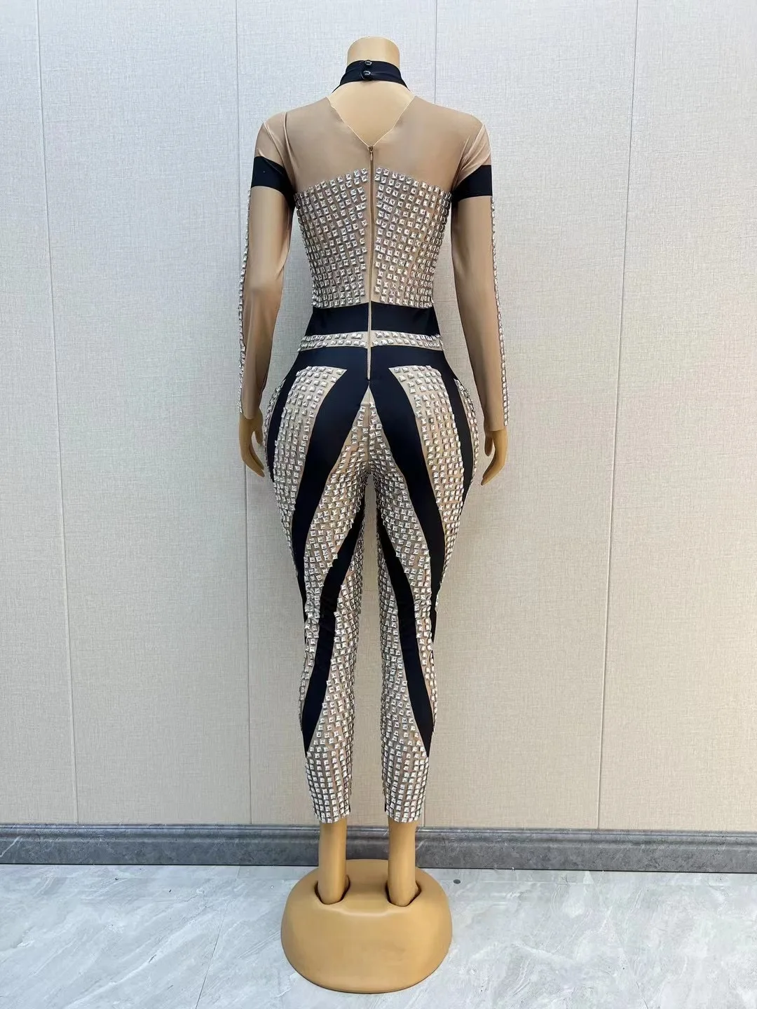 Sexy Bühne Silber Strass Nude BlackJumpsuit Overall Abend Geburtstag Feiern Kostüm Leggings FotoshootingJumpsuit C183