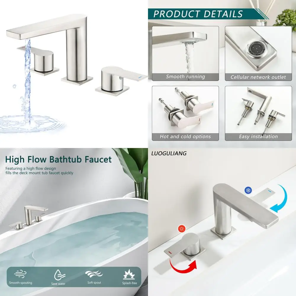 

High Flow 3 Hole Widespread Deck Mount Tub Faucet Set, Brushed Nickel Finish, Roman Style Bathtub Faucet with Long Tail Keyword