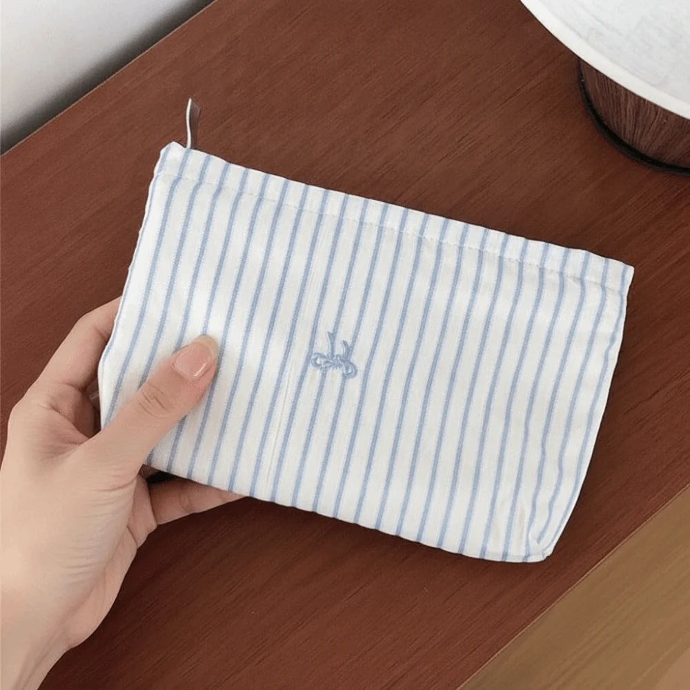 Classic Stripes Makeup Pouch Embroidered Pattern Smooth Zipper Cosmetic Organizer Washable Cotton Compact Size Toiletry Bag