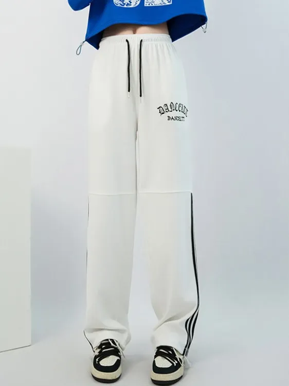 ルーズストレートレッグパンツ白スポーツダンスパンツ女性のための夏春フィットバレエロングパンツカジュアルファイオンセット