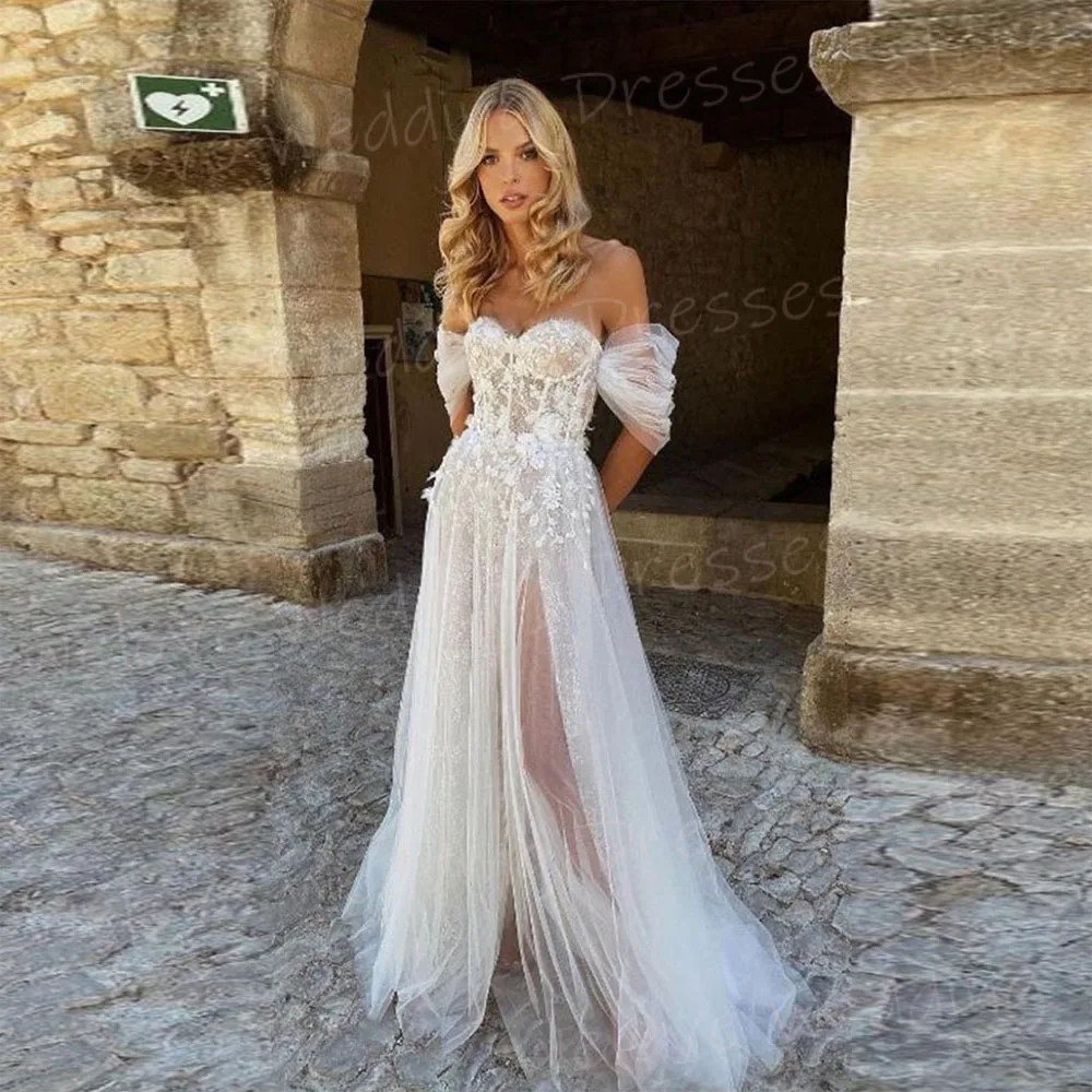 Vestido De Novia De corte en A para mujer, traje Sexy con hombros descubiertos, Apliques De encaje, sin mangas