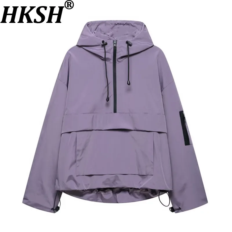 

HKSH Spring Autumn New Women Coat Hooded Pocket Half-zipper Solid Color Casual Sporty Windbreaker Elegant Outdoor Jacket HK15796