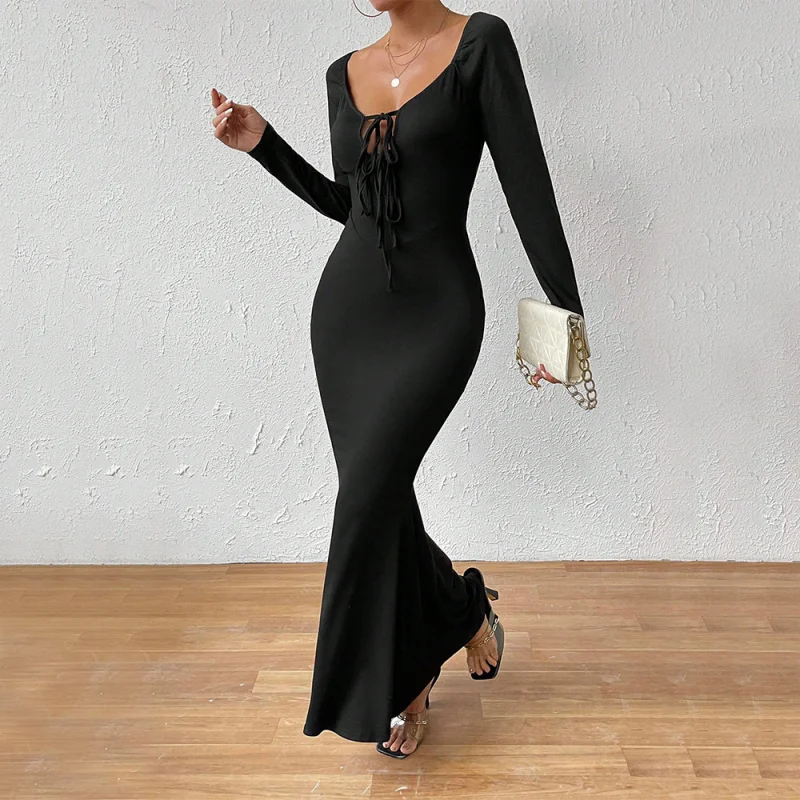 YQ1-مثير وأنيق وربطة صدر أمامية كبيرة الحجم وأكمام طويلة فستان طويل أنيق #4