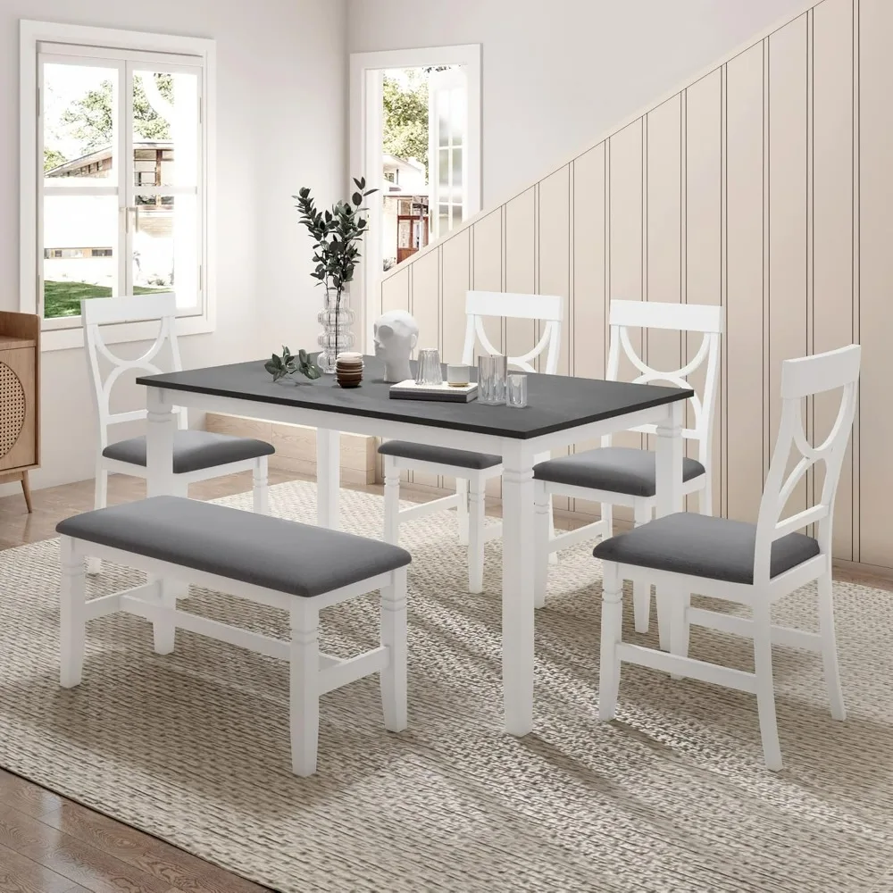 

Dining Table Set, 6-Piece Wood Kitchen Table Set with Upholstered Bench and 4 Dining Chairs, Dining Room Table Set for Kitchen