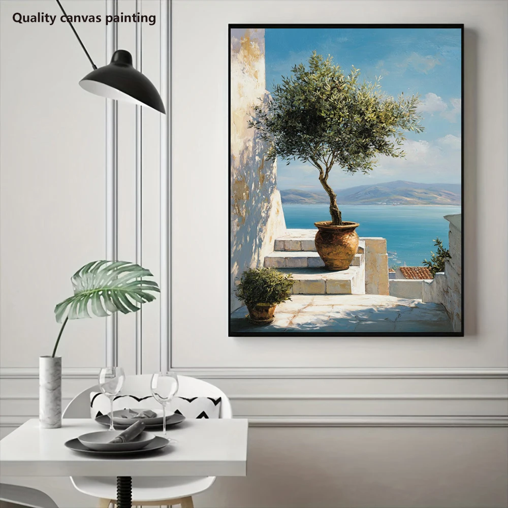No Framed Mediterranean Olive Tree Poster- Vertical Olive Tree & Seascape Landscape, Minimalist Classic Vertical Canvas Poster S