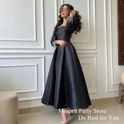 Simple Black Evening Dress Full Sleeves Square Neck Beads Ankle Length A Line Satin Party Gown for Wedding بروم دريسيس