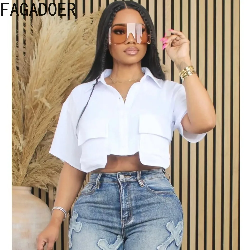 FAGADOER White Summer New Solid Color Pocket Loose Shirts Women Turndown Collar Button Long Sleeve Irregular Crop Top Clothing