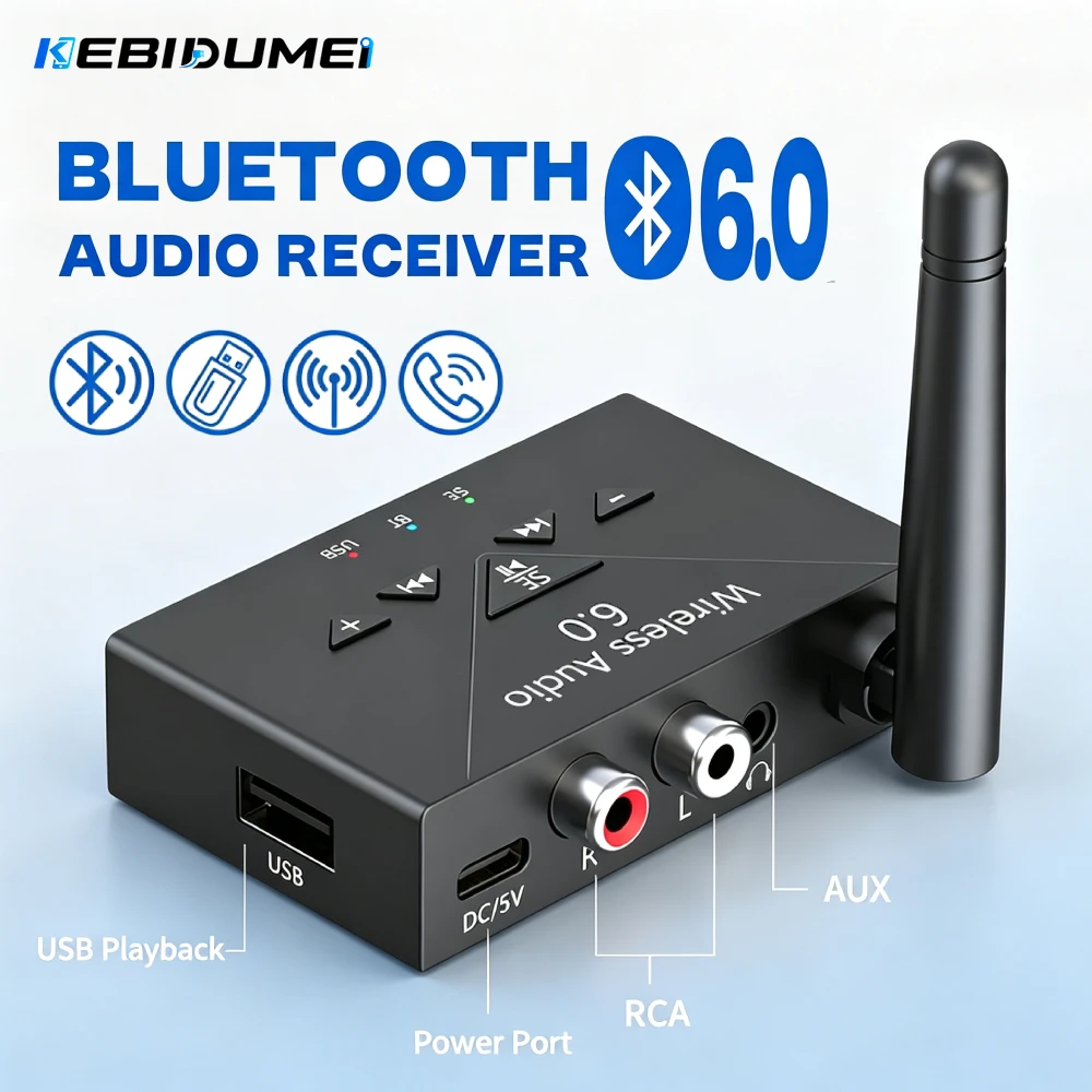 KEBIDUMEI Bluetooth 6.0 Audio-Empfänger 3,5 mm AUX RCA mit Mikrofon HIFI Stereo Wireless Adapter Unterstützung U-Disk für Auto-Lautsprecherverstärker