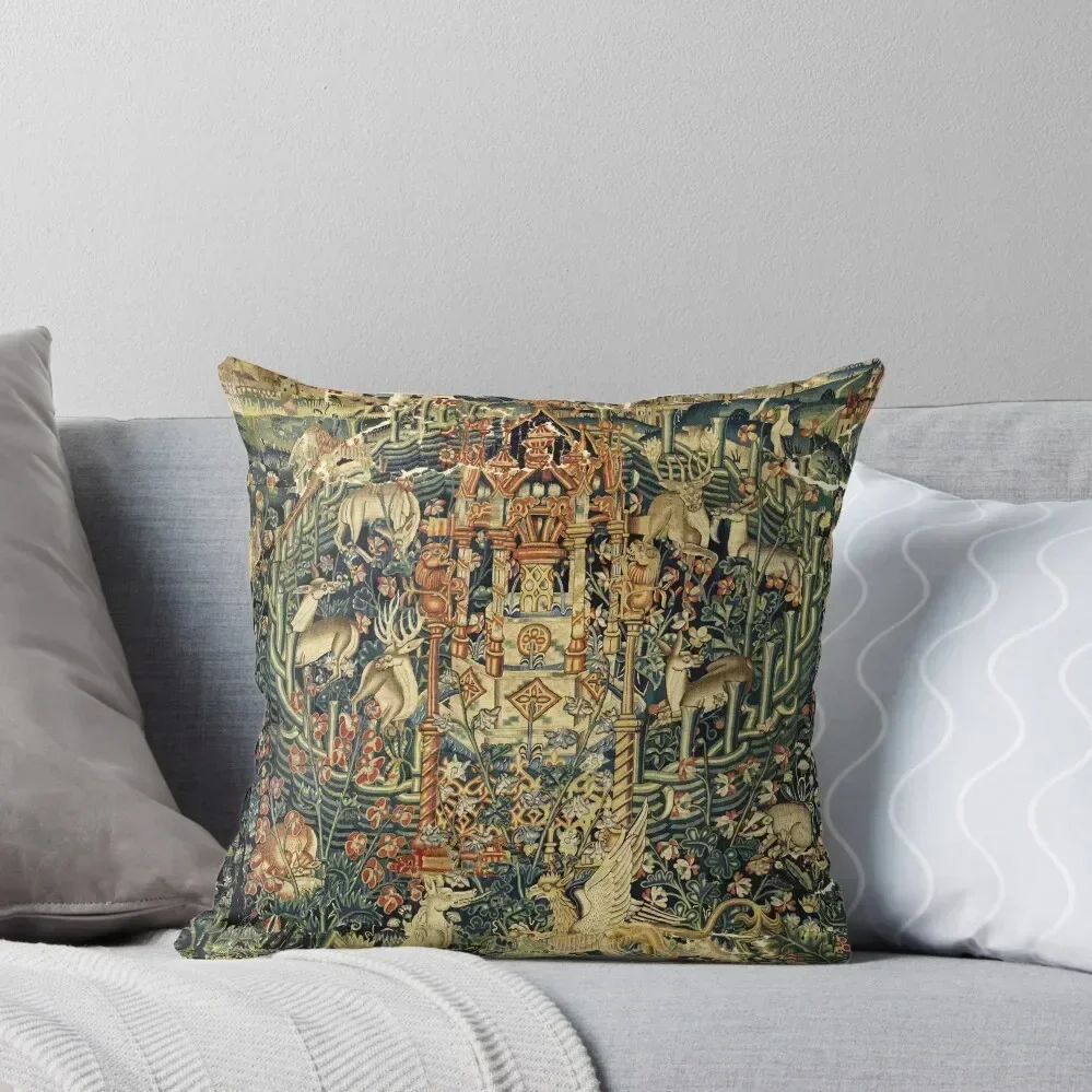 SOURCE OF LIFE Verdure with Forest Animals in Private Garden, Floral Medieval Tapesty Throw Pillow