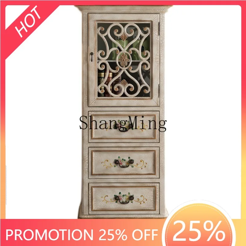 

SM new living room bucket cabinet solid wood wine retro hollow TV side high cabinet vertical cabinet locker