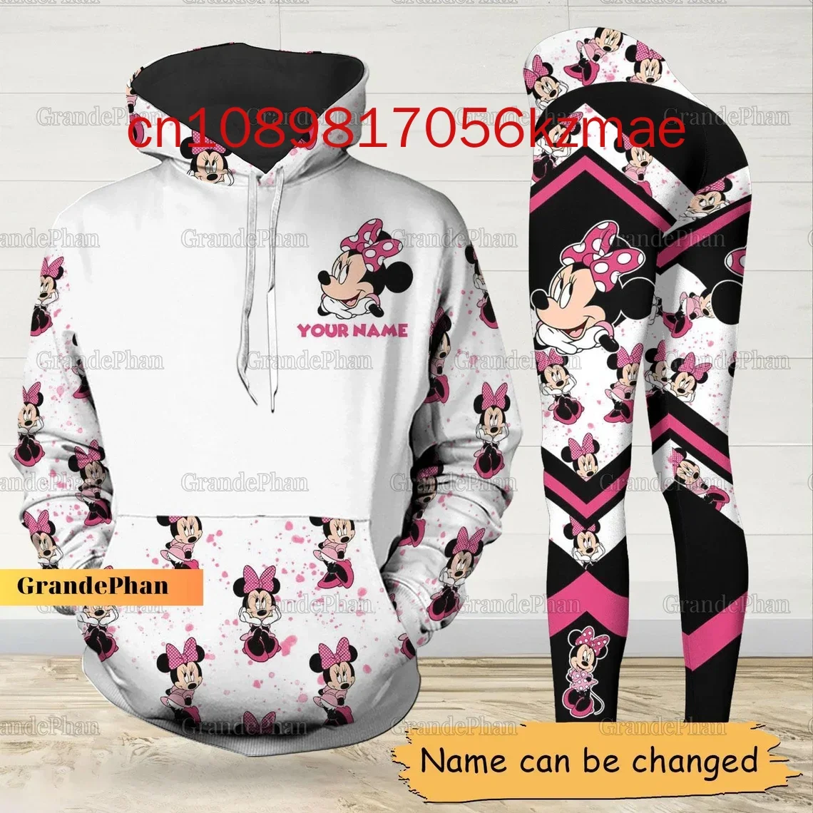 Personalized Disney Minnie Mouse Minnie 3D Women's Hoodie and Leggings Suit Minnie Yoga Pants Sweatpants Fashion Sports Suit Set