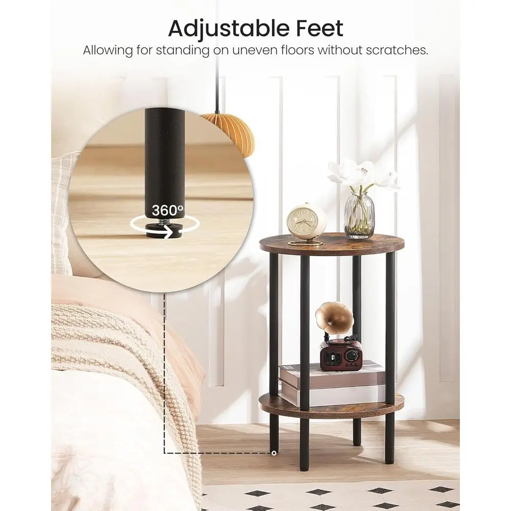 ラウンド2段エンドテーブル、小さなナイトスタンド、丈夫な金属フレーム、インダストリアルスタイルのコーヒーテーブル、リビングルームやベッドルームに最適