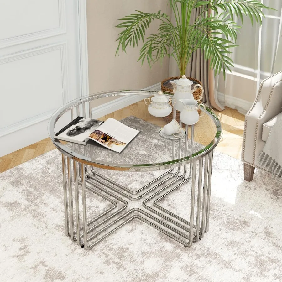 

Круглый журнальный столик Стеклянные журнальные столики для небольшого пространства Современный центральный стол для гостиной Диван Приставной столик с металлической сталью Fra
