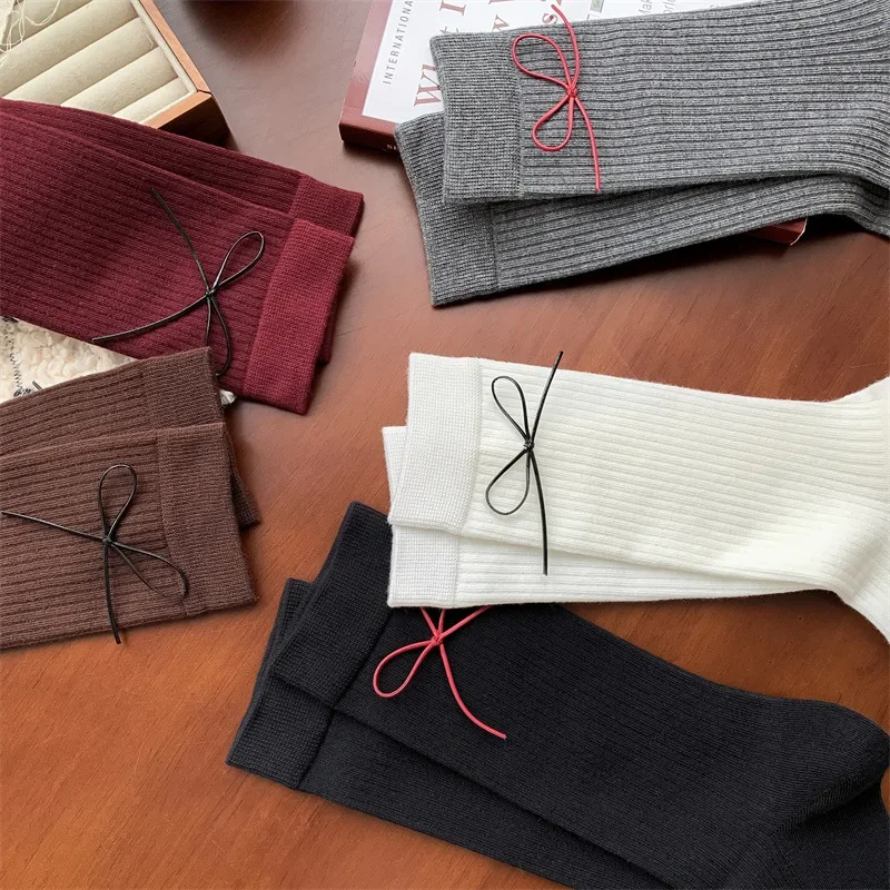 Gray Red Socks Women Autumn and Winter Retro Cotton Knitted Middle-tube Socks Bowknot Japanese Kawaii Cute Socks Christmas Gifts