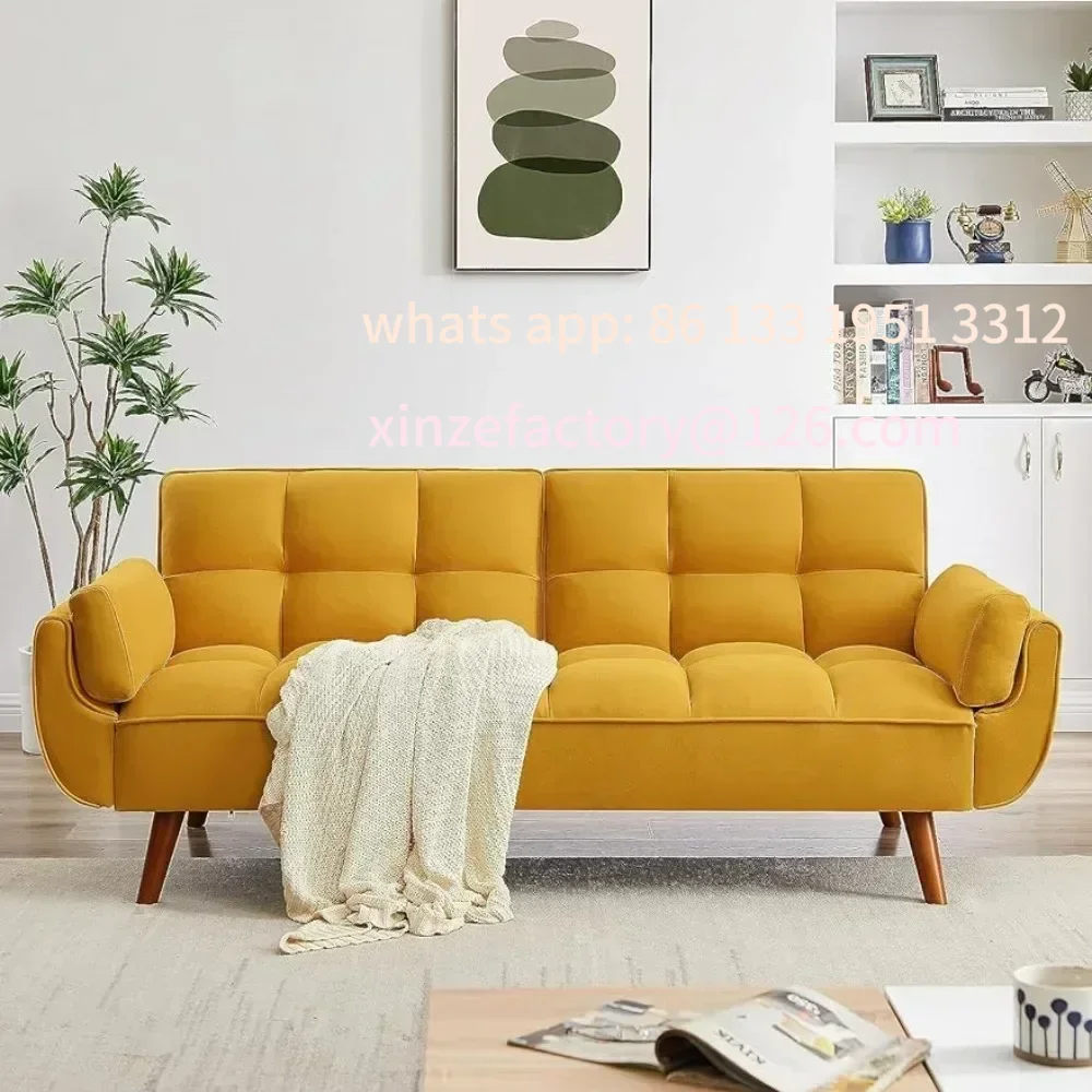 

Customizable Modern convertible tufted linen upholstered futon sofa bed with 2 pillows, padded loveseat