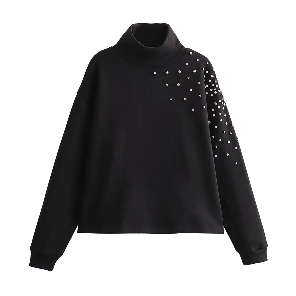 ZATT 2024 Autumn New Collection Fashionable Loose Black High Collar One Shoulder Side Jewel Design Women Hoodless Sweatshirt