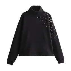 ZATT 2024 Autumn New Collection Fashionable Loose Black High Collar One Shoulder Side Jewel Design Women Hoodless Sweatshirt