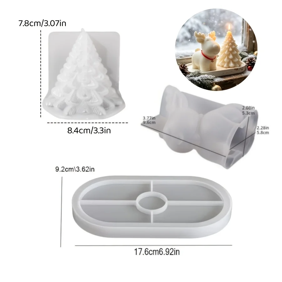 Ton-Silikonform 3-teiliges Set: Weihnachtshirsch, Weihnachtsbaum-Kerze und ovales Tablett, geeignet für die Herstellung von Epoxid-Gips-Kerzen. – Detail 2