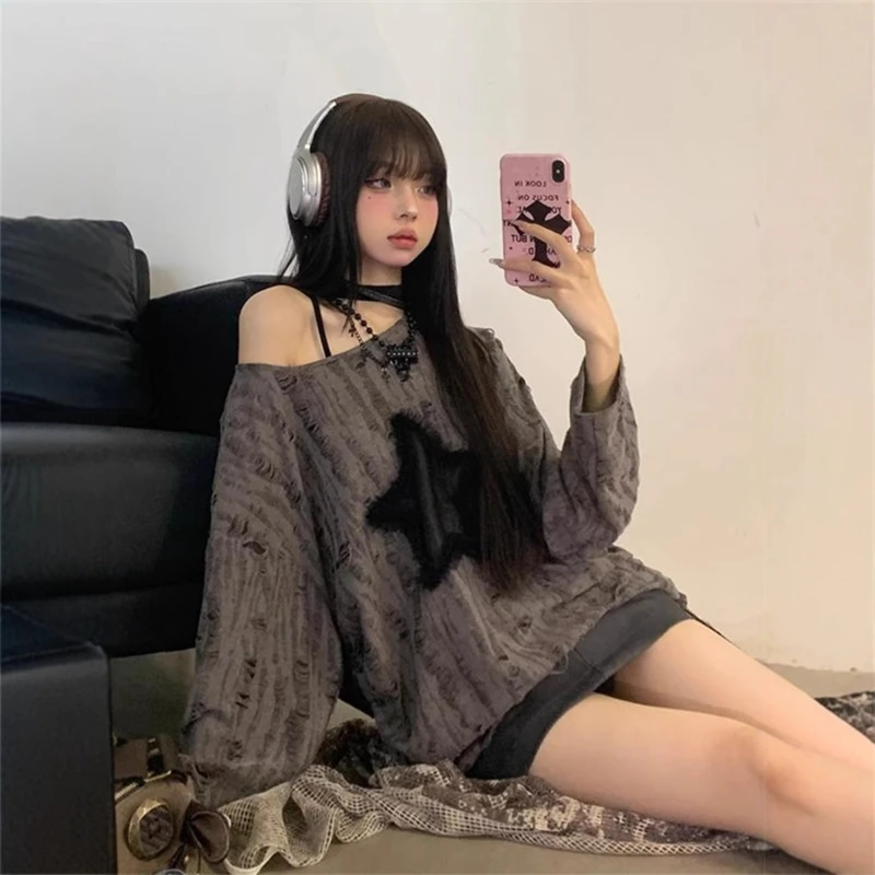 

Y2K Emo винтажная женская корейская уличная одежда с открытыми плечами Acubi Star футболки с длинными рукавами большого размера Kpop футболки топы одежда