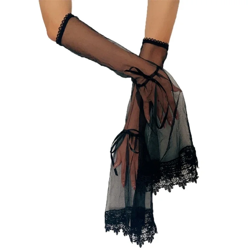 Decorative Cuff Sleeves Black Long Lace Gloves Halloween Cocktail Party Dress Up