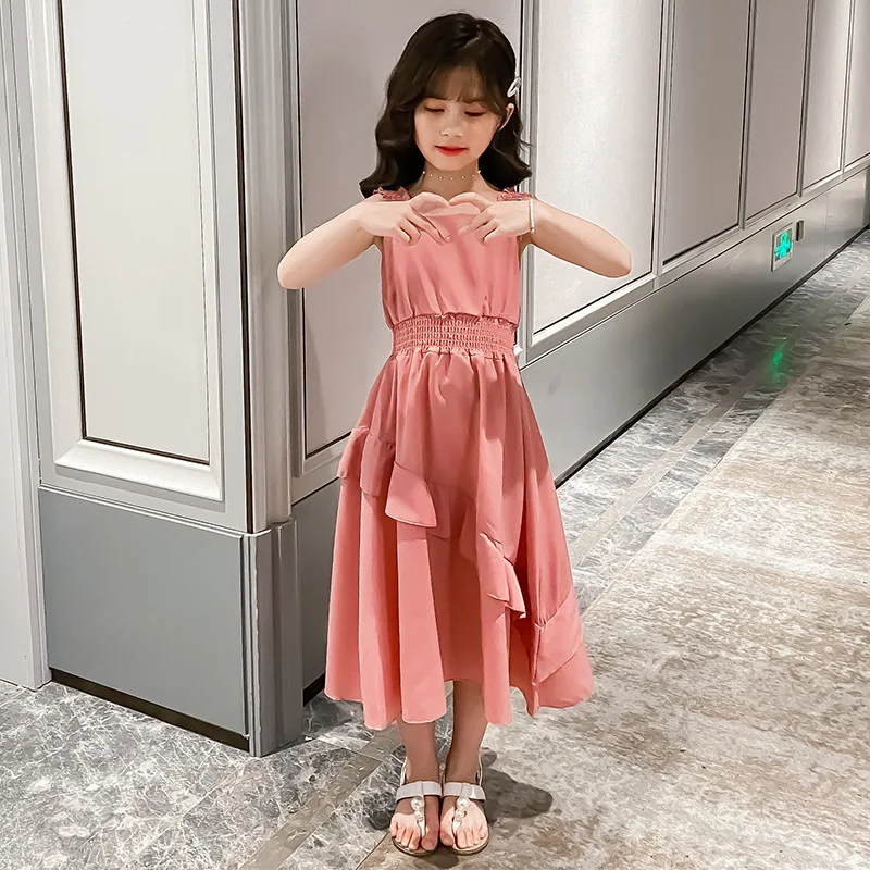 2024 teenager Summer Kids girls flounce chiffon Fold Dresses Formal Princess Children braces skirt 4 5 6 7 8 10 11 12 13 Years