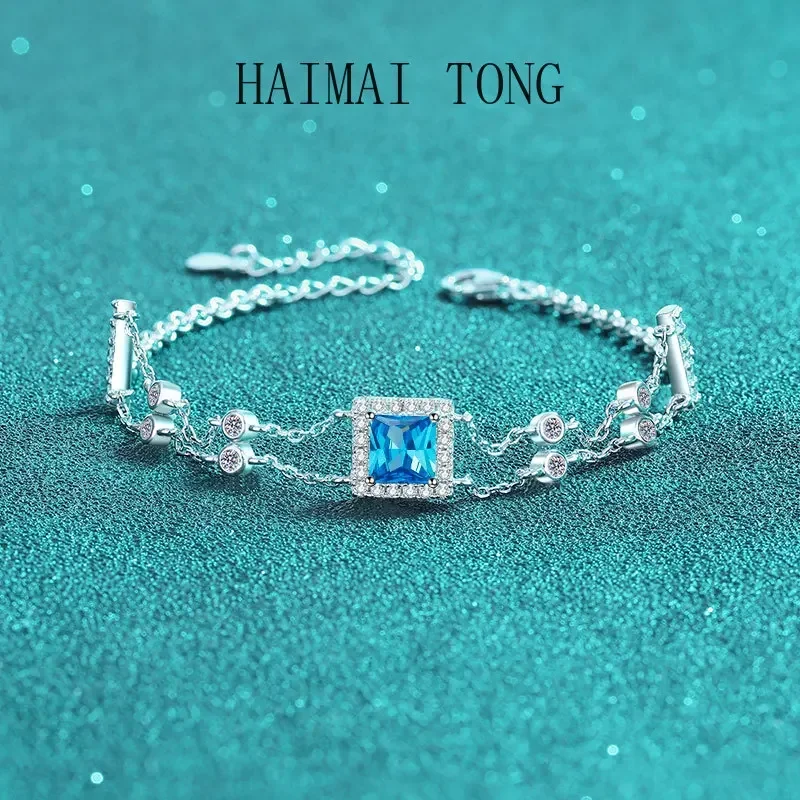 

HAIMAITONG Hand-inlaid Moissanite bracelet Royal blue color PT950 platinum double chain simple new style