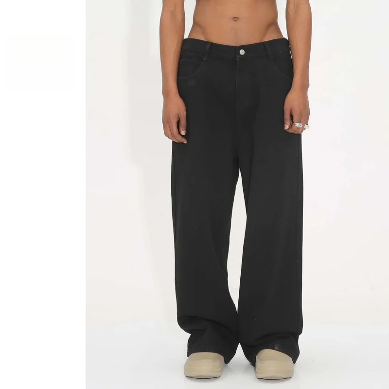 QICHE Korean Loose Straight Denim Trousers Men Elastic Back Waist Versatile Casual Jeans