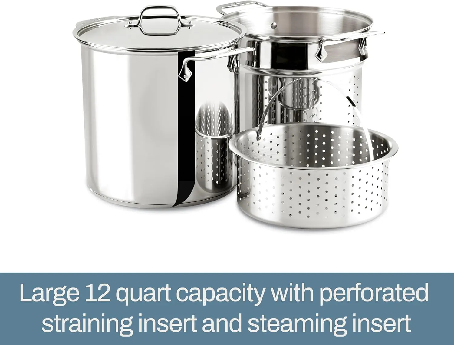 Specialty Stainless Steel Stockpot, Multi-Pot with Strainer 3 Piece, 12 Quart Induction Oven Broiler Safe 500F Strainer